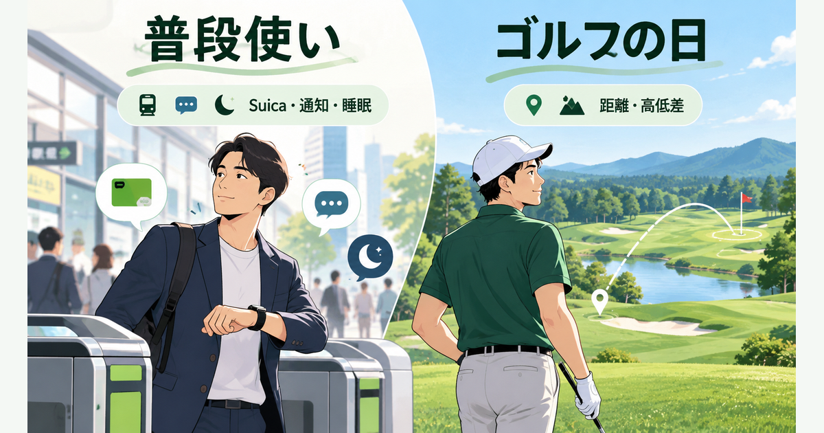 S50を普段使いする場面とゴルフで距離を確認する場面のイメージ図（商品外観の再現ではありません）